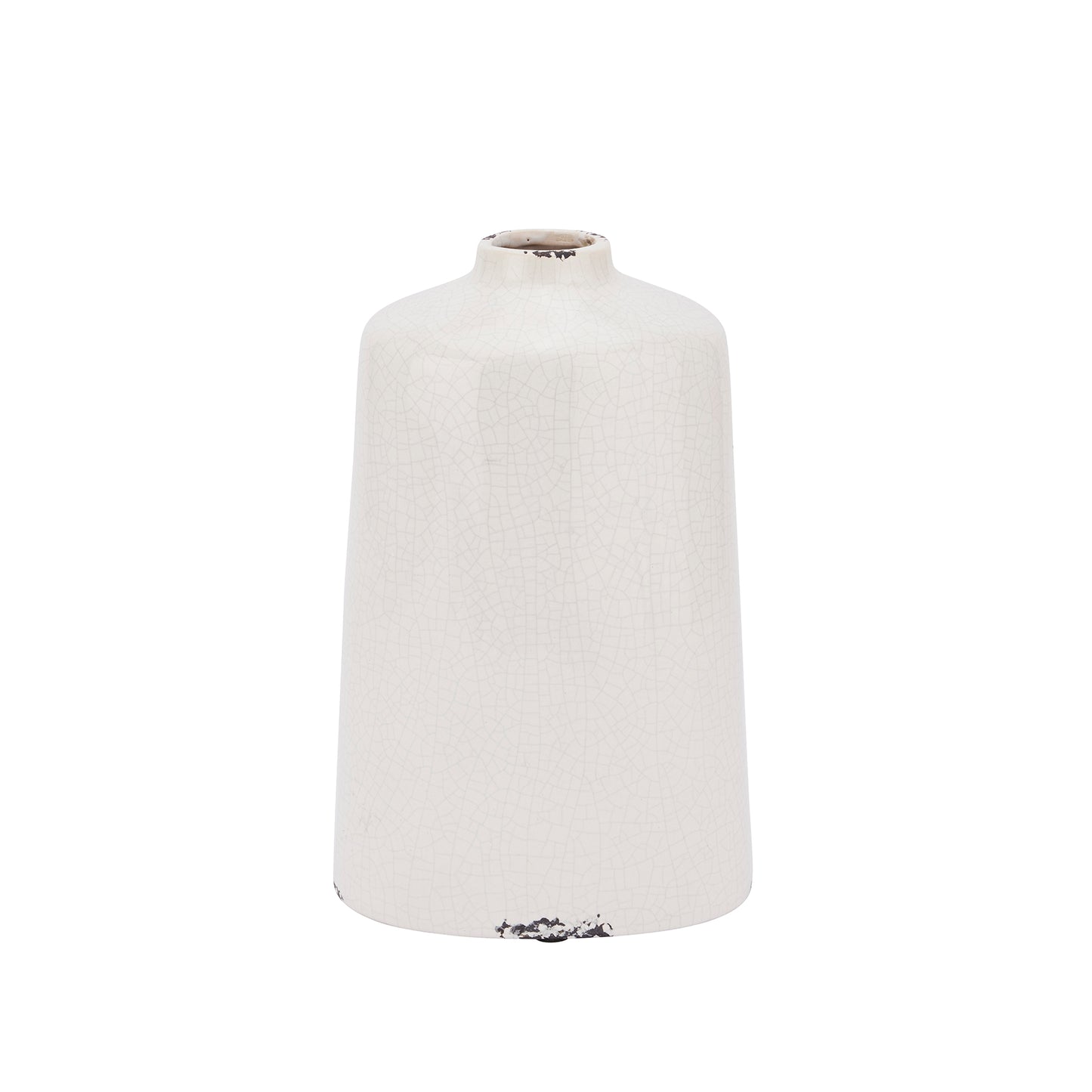 Cream crackle glazed ceramic liv vase with textured finish, shown on a white background.