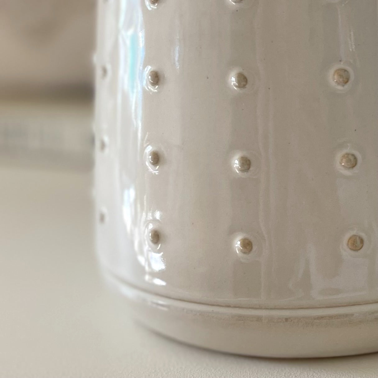 Close up of glazed ceramic pot with embossed bobble pattern styled on a shelf.