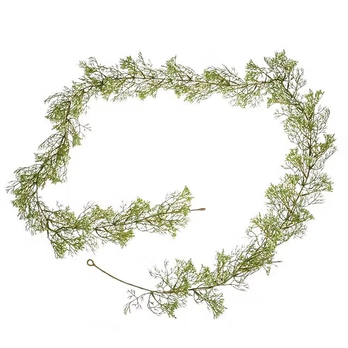 Lifelike faux elderflower garland with delicate white blooms and feathery green stems, perfect for styling tables, mirrors, or mantels.