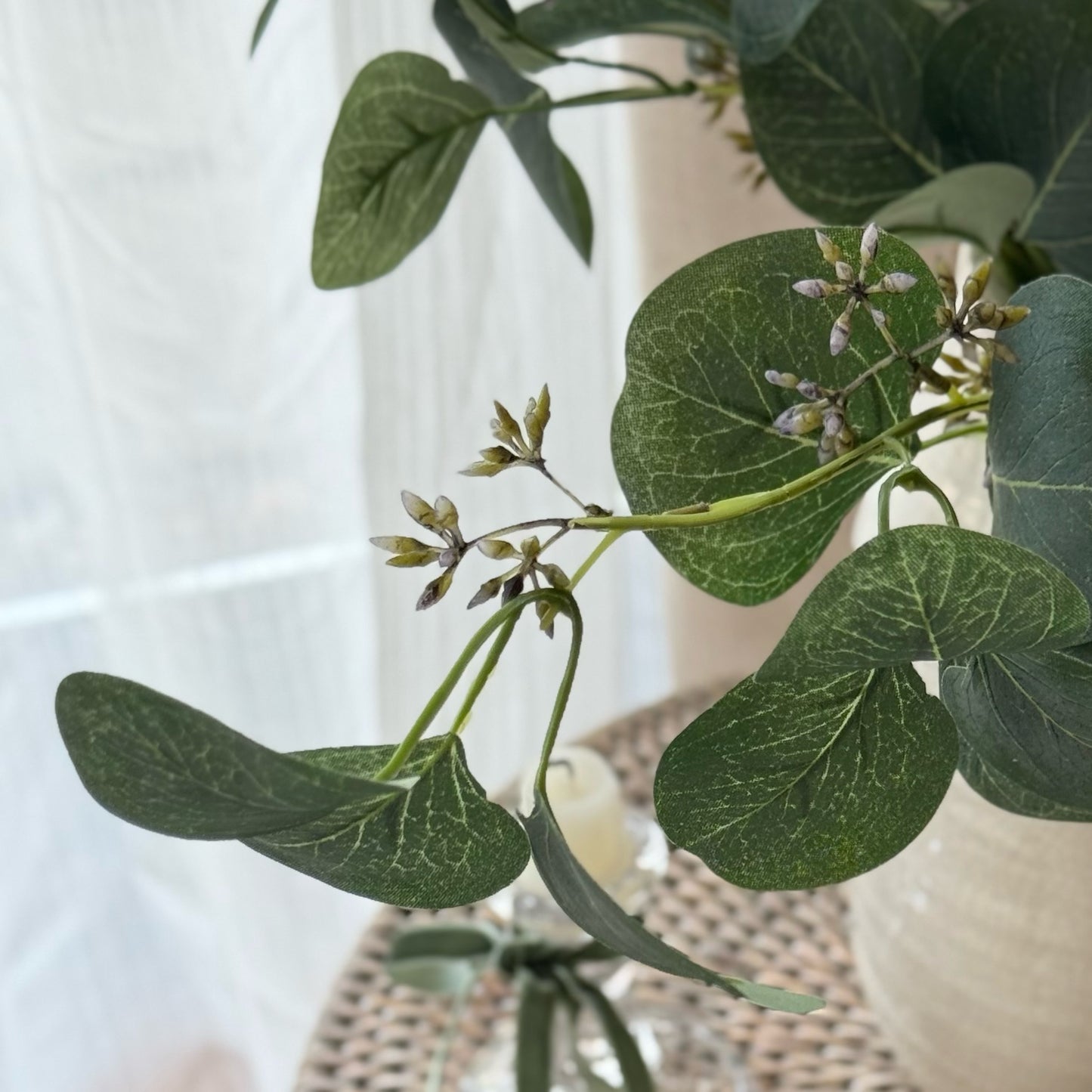 Muted green eucalyptus stem with realistic texture and berries, perfect for adding gentle depth to floral arrangements.