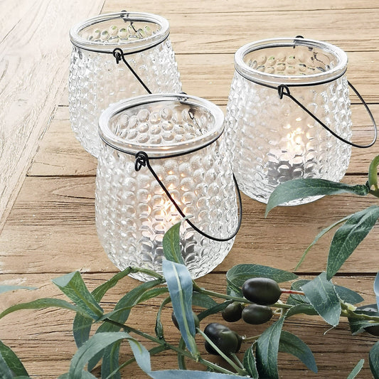 tea light glass holder with metal hanger