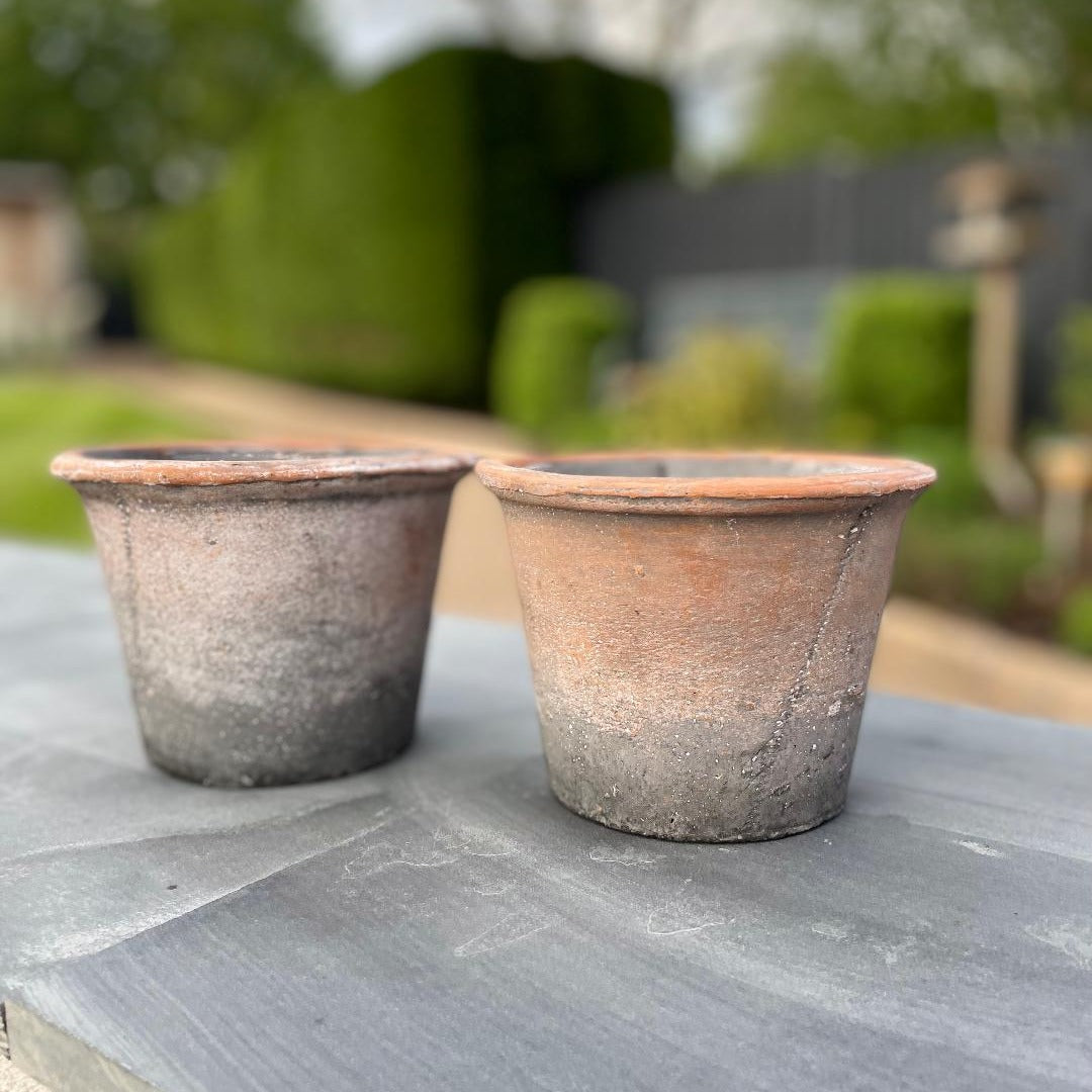 With its aged finish and simple, earthy charm, our small rustic terracotta pot is a timeless addition to any shelf, windowsill or garden nook. Stled in garden.