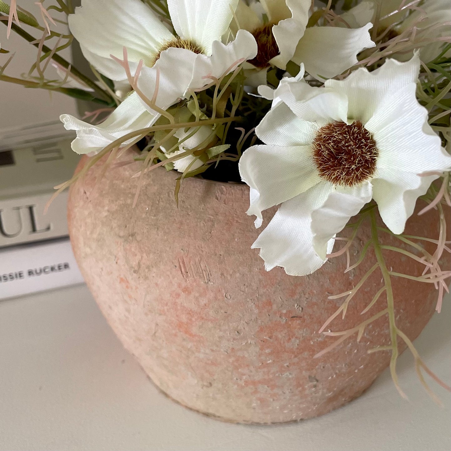 Stanton terracotta pot styled with cosmos flowers. On a shelf with home decor books.