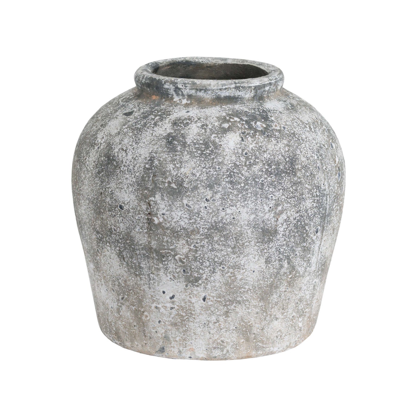 Earthy distressed stone Valentina Vase, shown on a white backround.