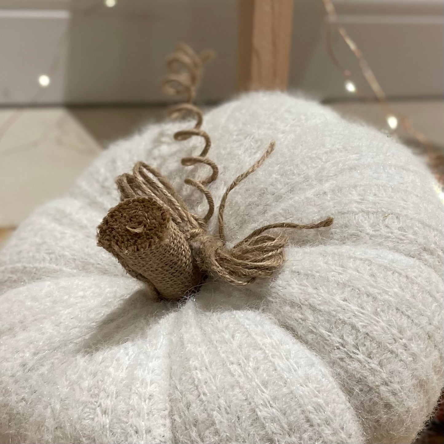 White knitted pumpkin with rustic hessian stalk styled on a wooden floor with autumn foliage.