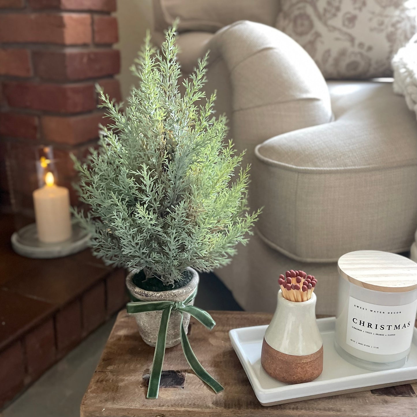 Mini Faux Fir Tree In Stone Pot