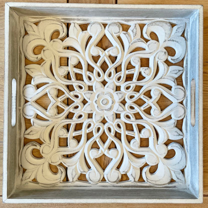 White Carved Square Tray