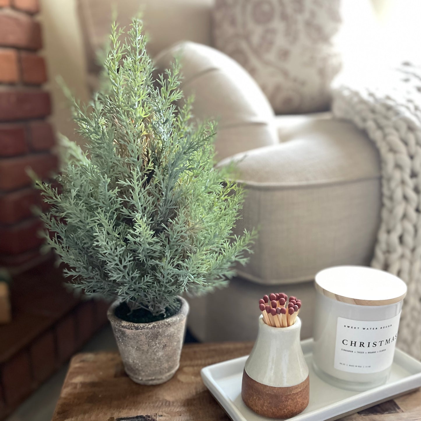 Mini Faux Fir Tree In Stone Pot