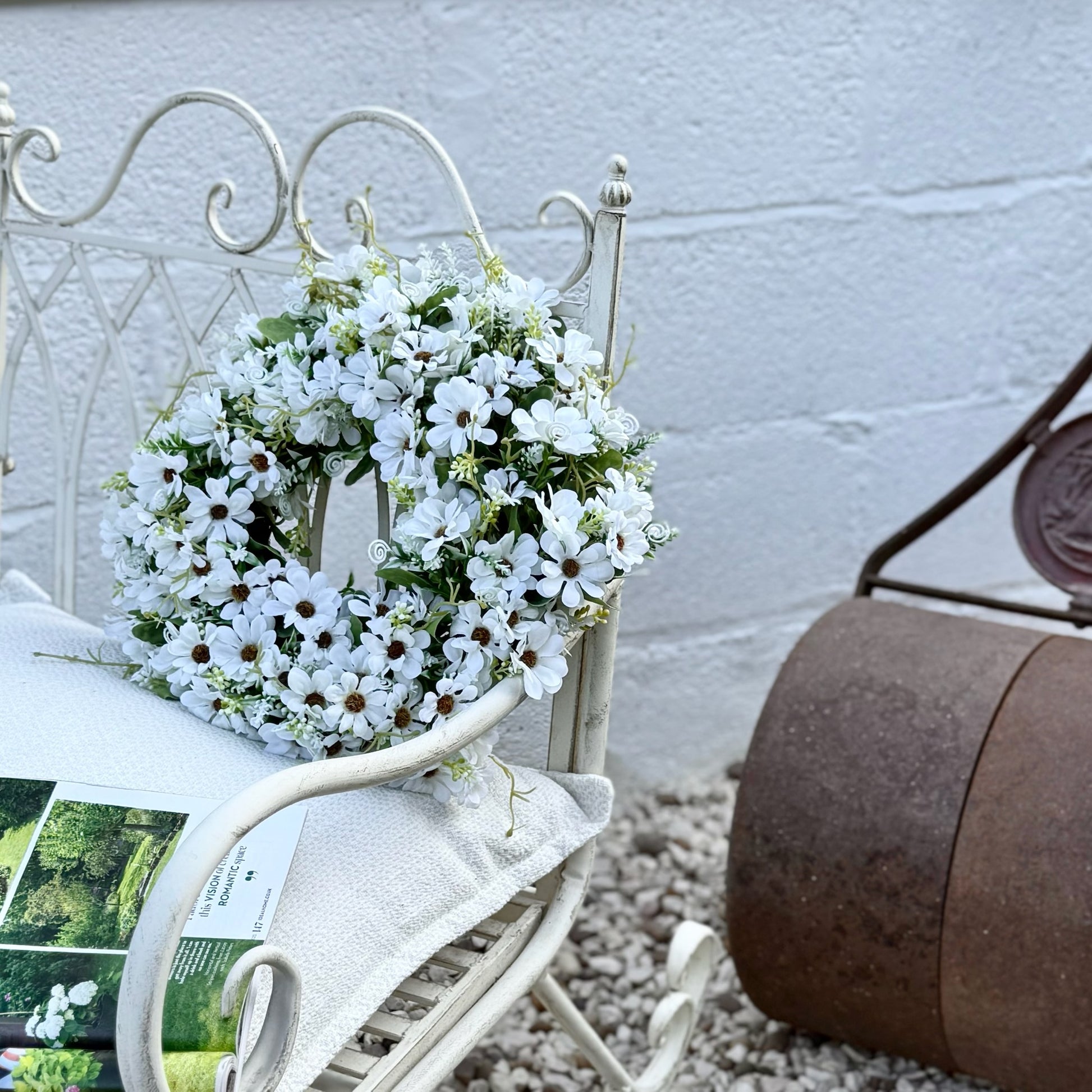Wild Daisy Wreath featuring faux wildflowers and greenery, UV-protected to maintain colour and beauty outdoors.