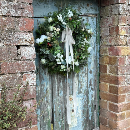 Exclusive Belle & Bramble Interiors wreath with delicate blackberries, thistles and soft seasonal blooms, capturing rustic countryside charm and timeless elegance.