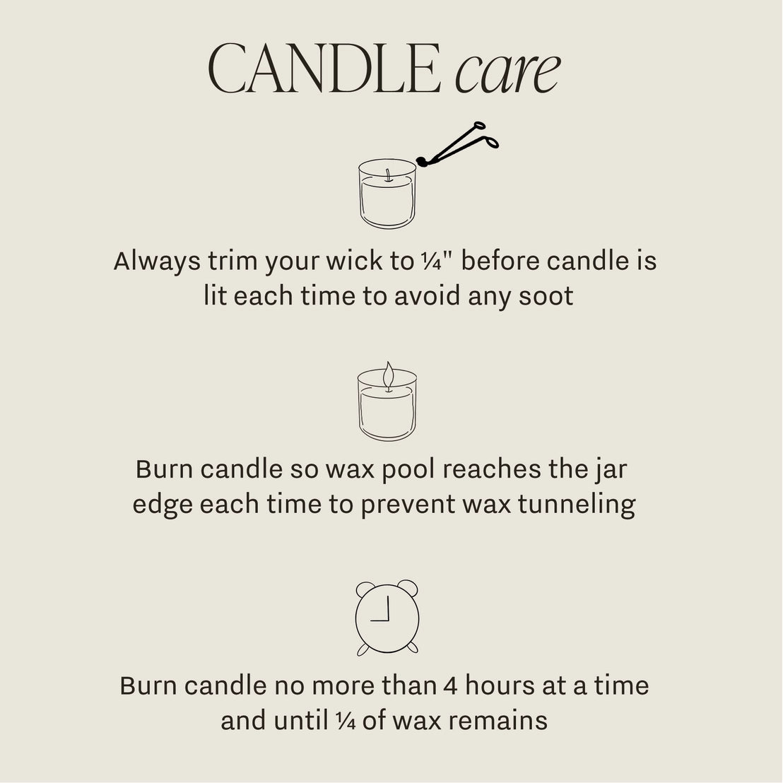 Vegan soy wax candle with cotton wick. Care instructions. 60 hours burn time.