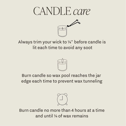 Vegan soy wax candle with cotton wick. Care instructions. 60 hours burn time.