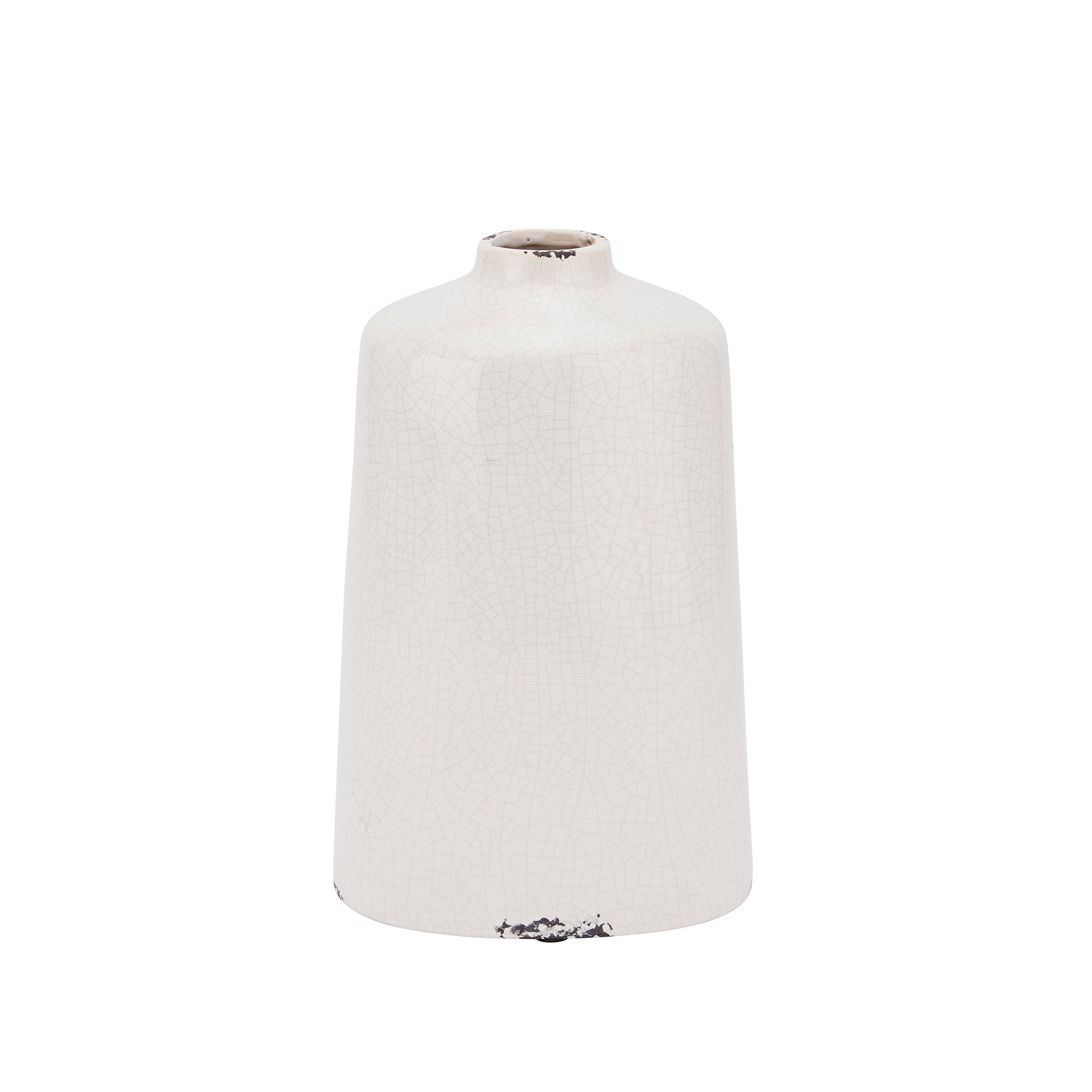 Cream crackle glazed ceramic liv vase with textured finish, shown on a white background.
