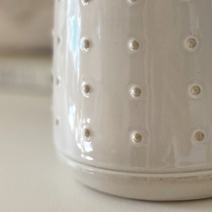 Close up of glazed ceramic pot with embossed bobble pattern styled on a shelf.