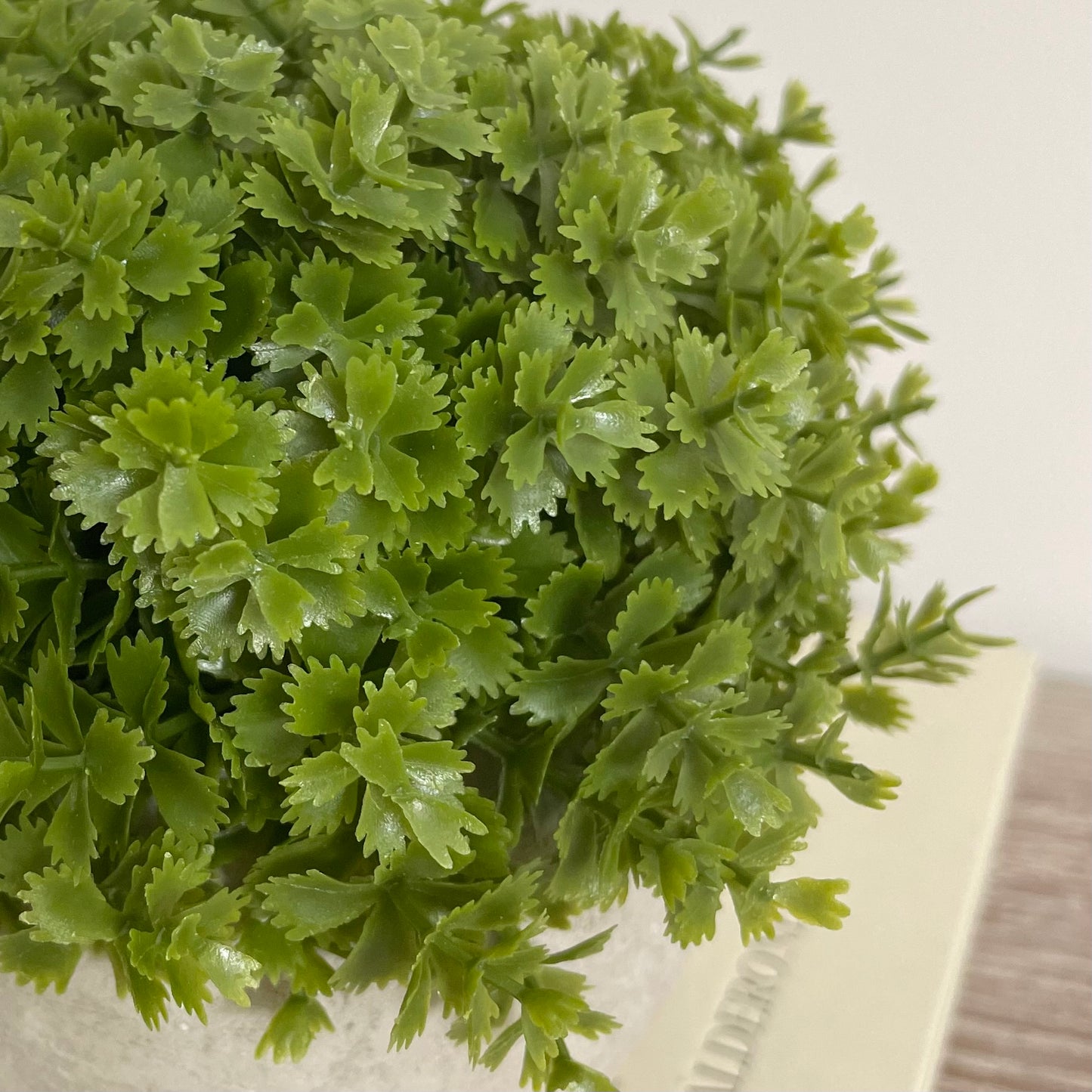 Faux green Hebe bush in a rustic cement pot.