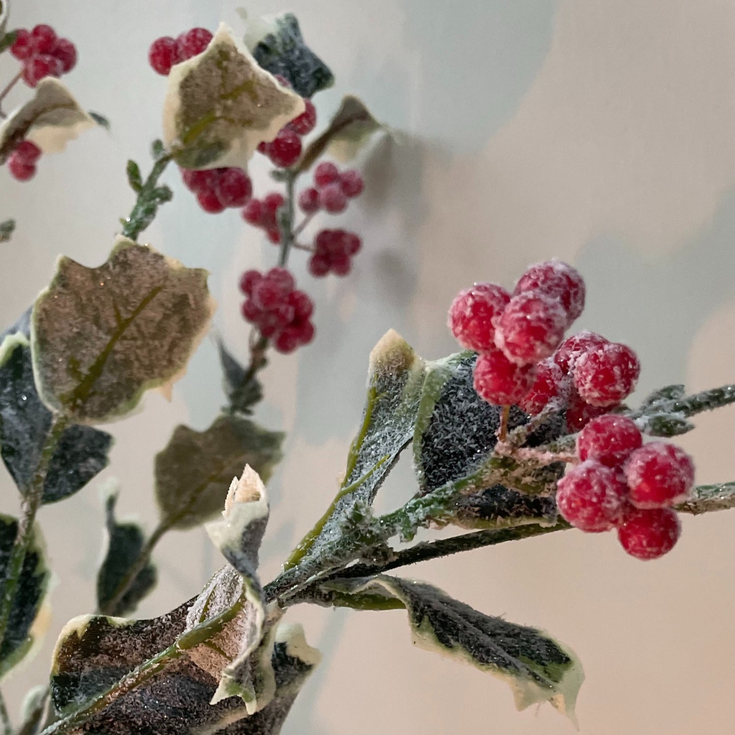 Frosted holly stem with red berries close up, festive faux foliage 68 cm.