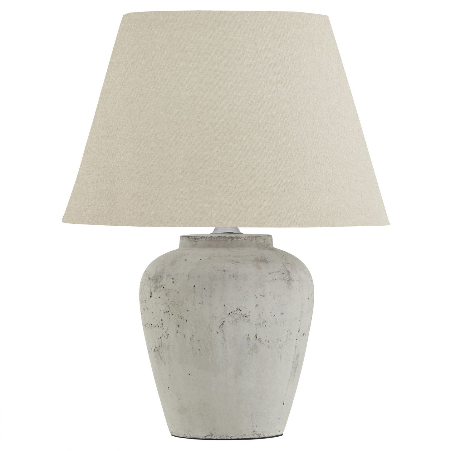 Darcy lamp with neutral stone base and linen hat shade on a white background.
