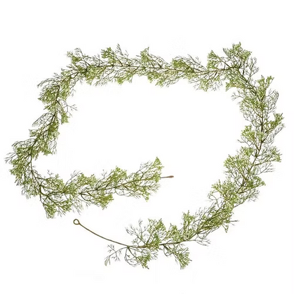 Lifelike faux elderflower garland with delicate white blooms and feathery green stems, perfect for styling tables, mirrors, or mantels.