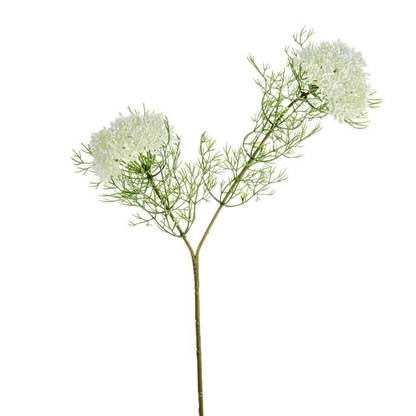 Faux elderflower spray with two clusters of white buds styled on a white background.