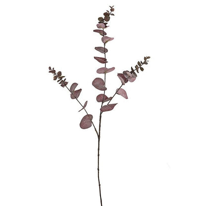 Burgundy faux eucalyptus spray with realistic brown and green tones styled on a white background.