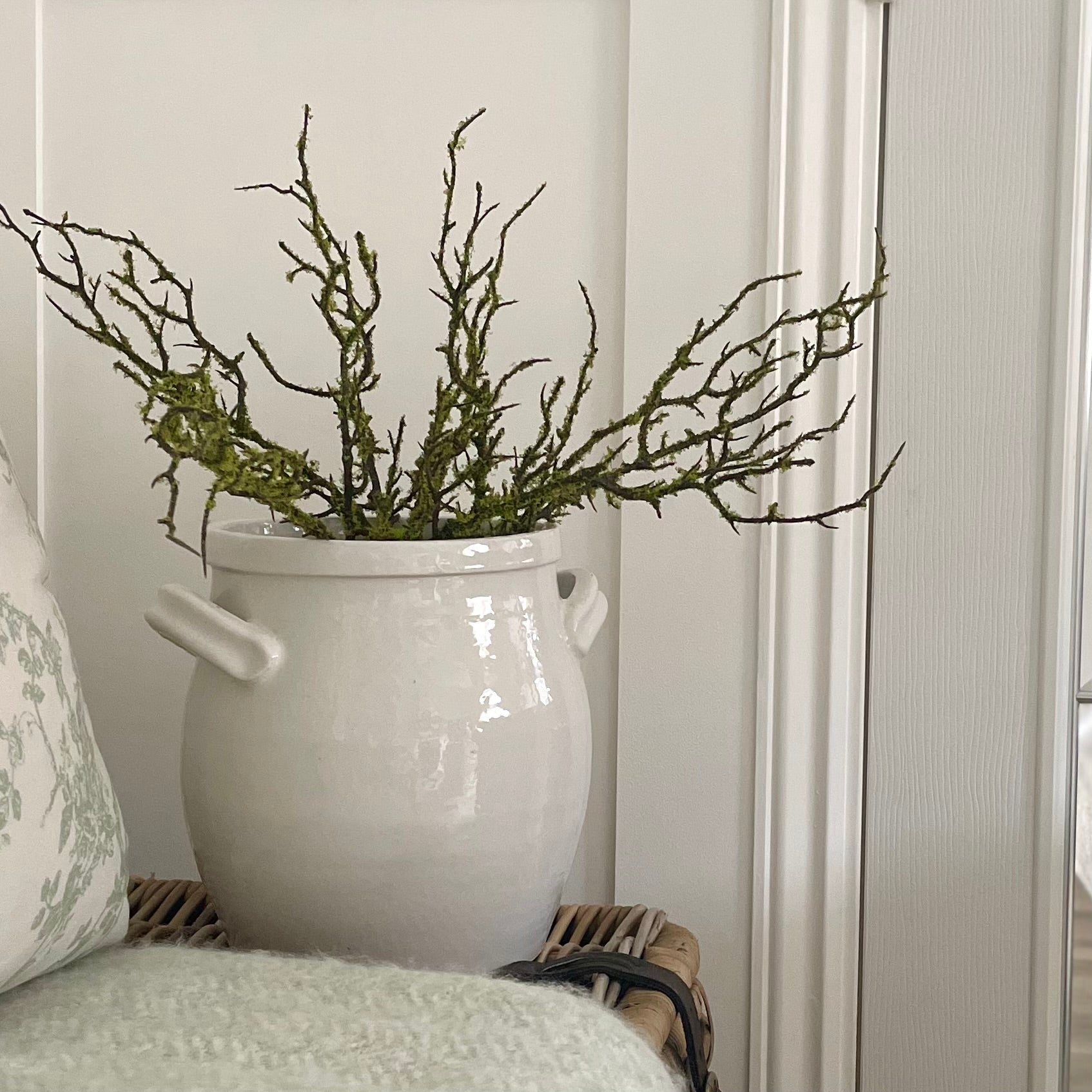 Faux moss covered realistic branch for home decor styling. Standing on wicker trunk and a cosy blanket.