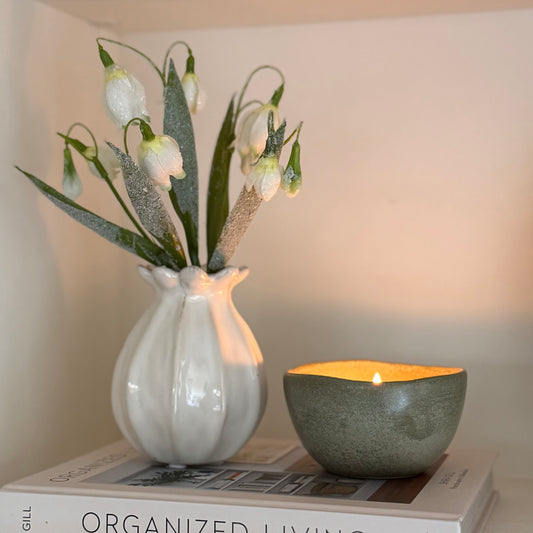 Realistic frosted snowdrop stem with delicate white blooms and soft frosted detail. Perfect for elegant winter home decor styling.