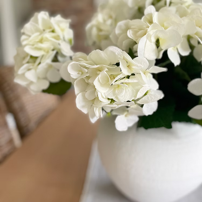 White hydrangea flowers in a vase on a dining table.
