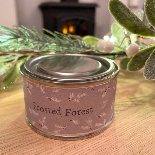 Frosted forest scented tin candle, styled on a wooden coffee table with a christmas garland with led lights.
