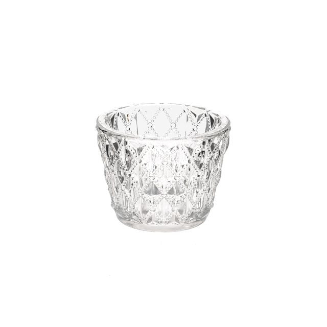 Clear glass tea light holder with an embossed diamond beaded pattern, shown on a white background.