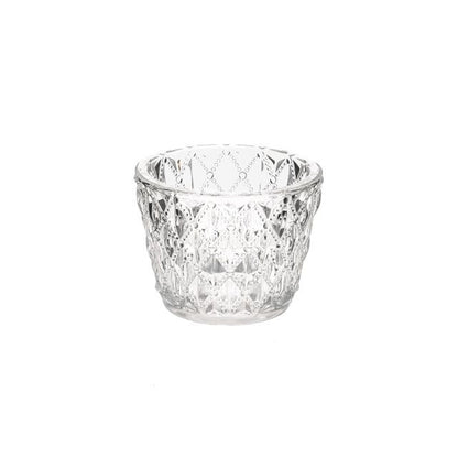 Clear glass tea light holder with an embossed diamond beaded pattern, shown on a white background.