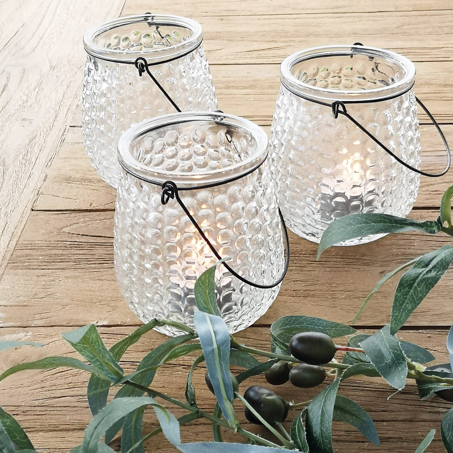 tea light glass holder with metal hanger