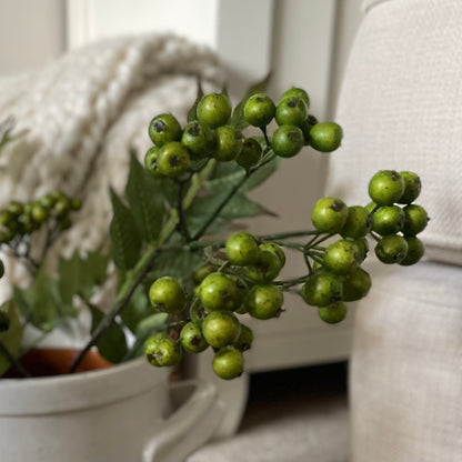 Close up of realistic artificial green berries on stem.