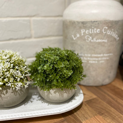 Faux green Hebe bush in a rustic cement pot styled on a wooden console table.