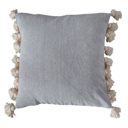 Grey textured cotton cushion with cream tassels on each edge.