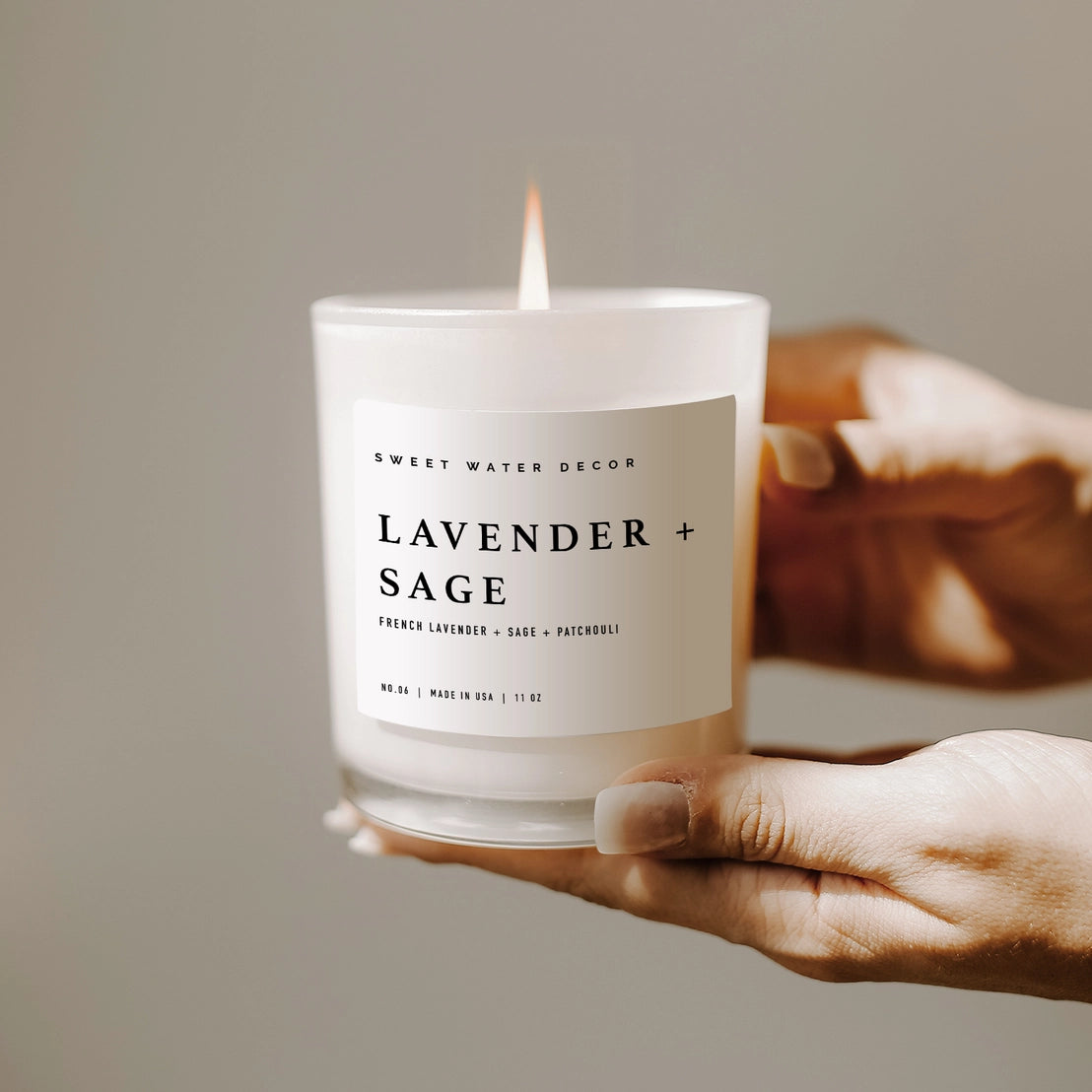 Vegan soy wax candle with lavender, sage, lime and ginger fragrance for a clean, fresh aroma