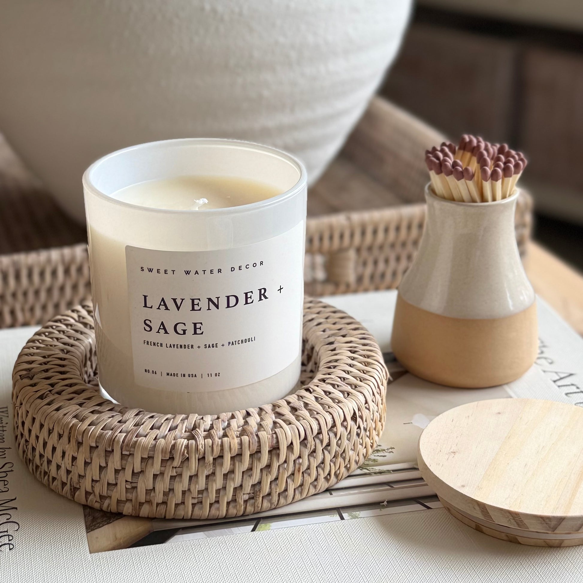 Vegan soy wax candle with lavender, sage, lime and ginger fragrance for a clean, fresh aroma.