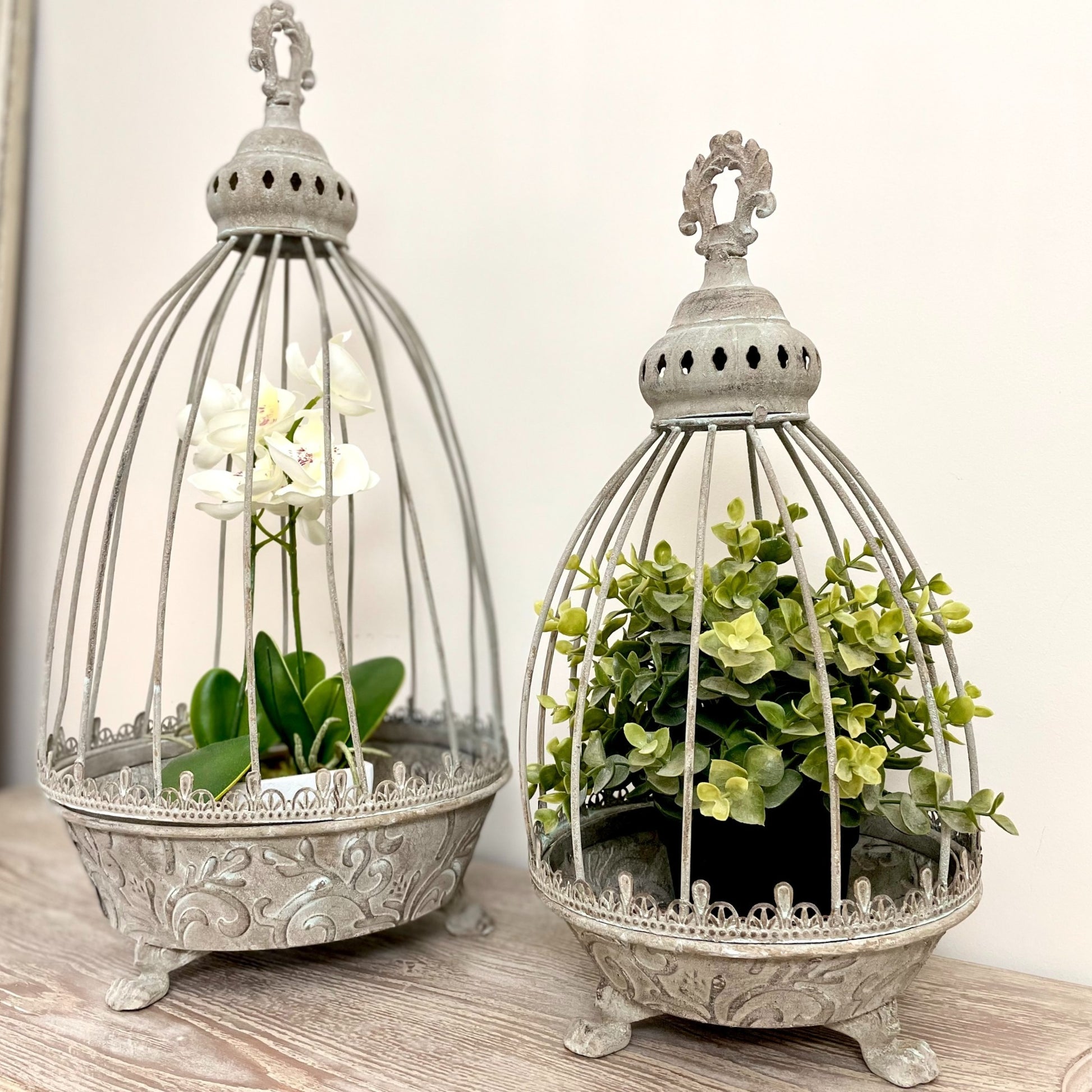 Hand finished grey metal caged planter with Verdigris wash, perfect for indoor or outdoor plants.