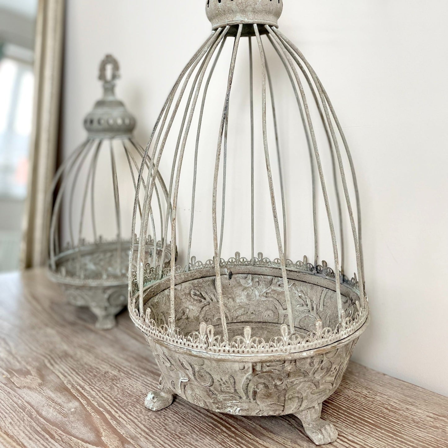 Hand finished grey metal caged planter with Verdigris wash, perfect for indoor or outdoor plants.