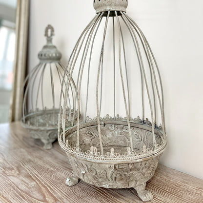 Hand finished grey metal caged planter with Verdigris wash, perfect for indoor or outdoor plants.