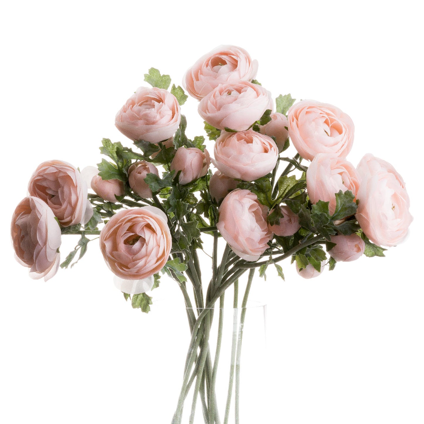 Single faux pastel pink ranunculus stems shown on a white background.