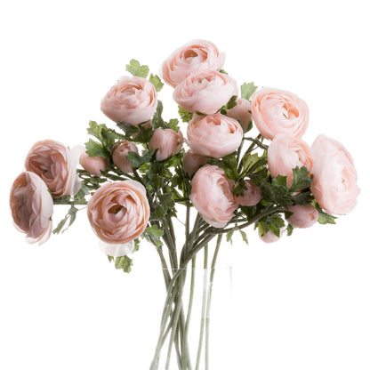 Single faux pastel pink ranunculus stems shown on a white background.