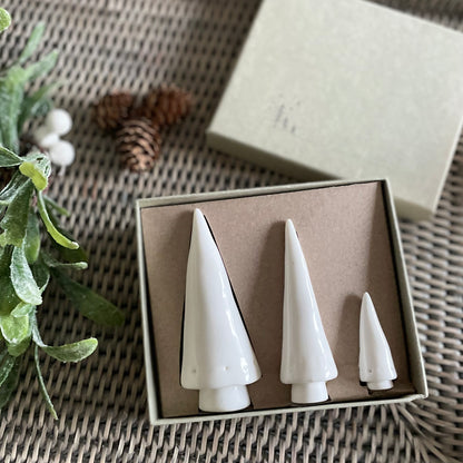 Minimalist porcelain tree set for festive home styling. Or a gift. Shown in a presentation box.