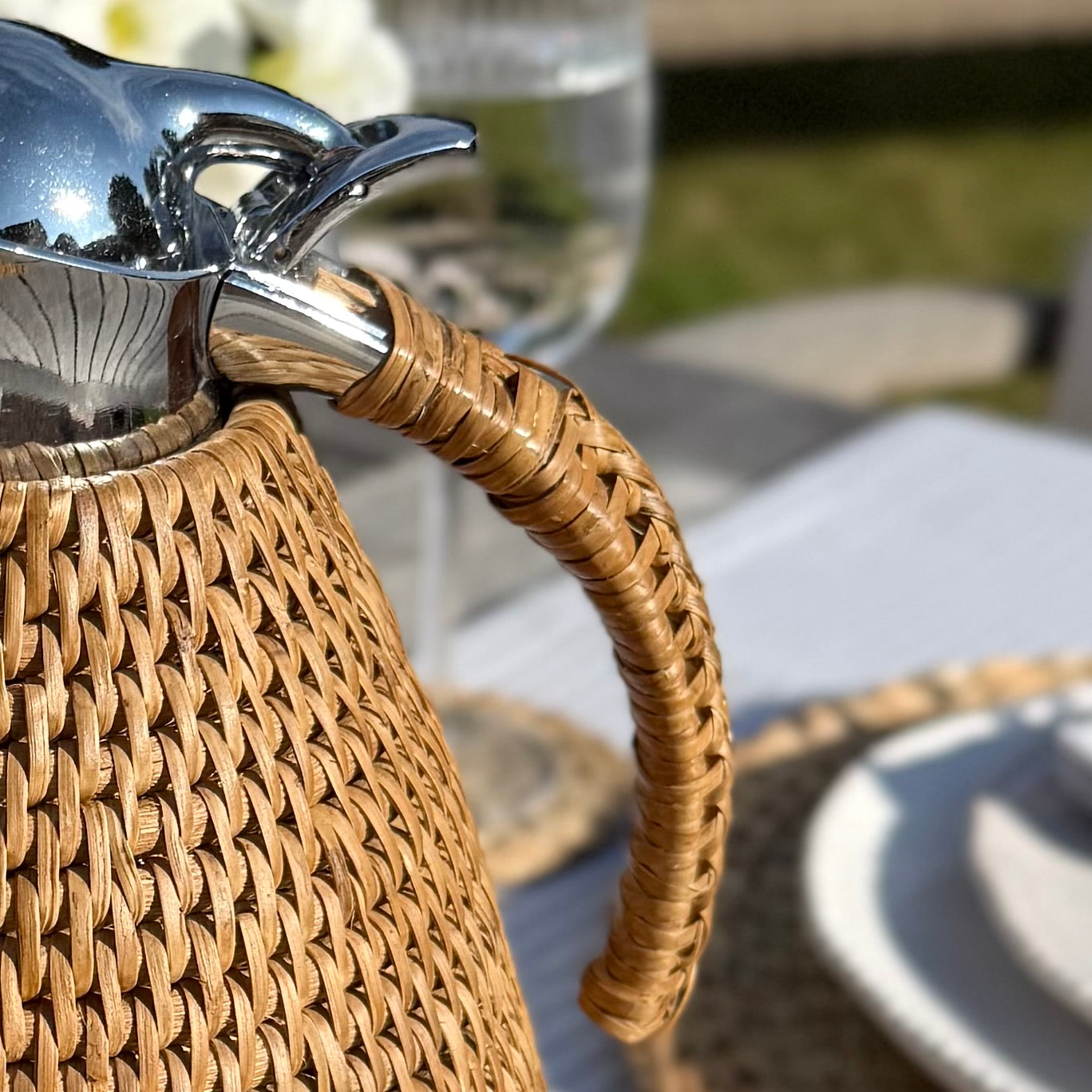 Neutral rattan insulated jug, 2 litre thermos perfect for tea, coffee or chilled drinks.