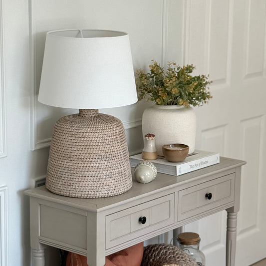White washed rattan lamp and shade. 