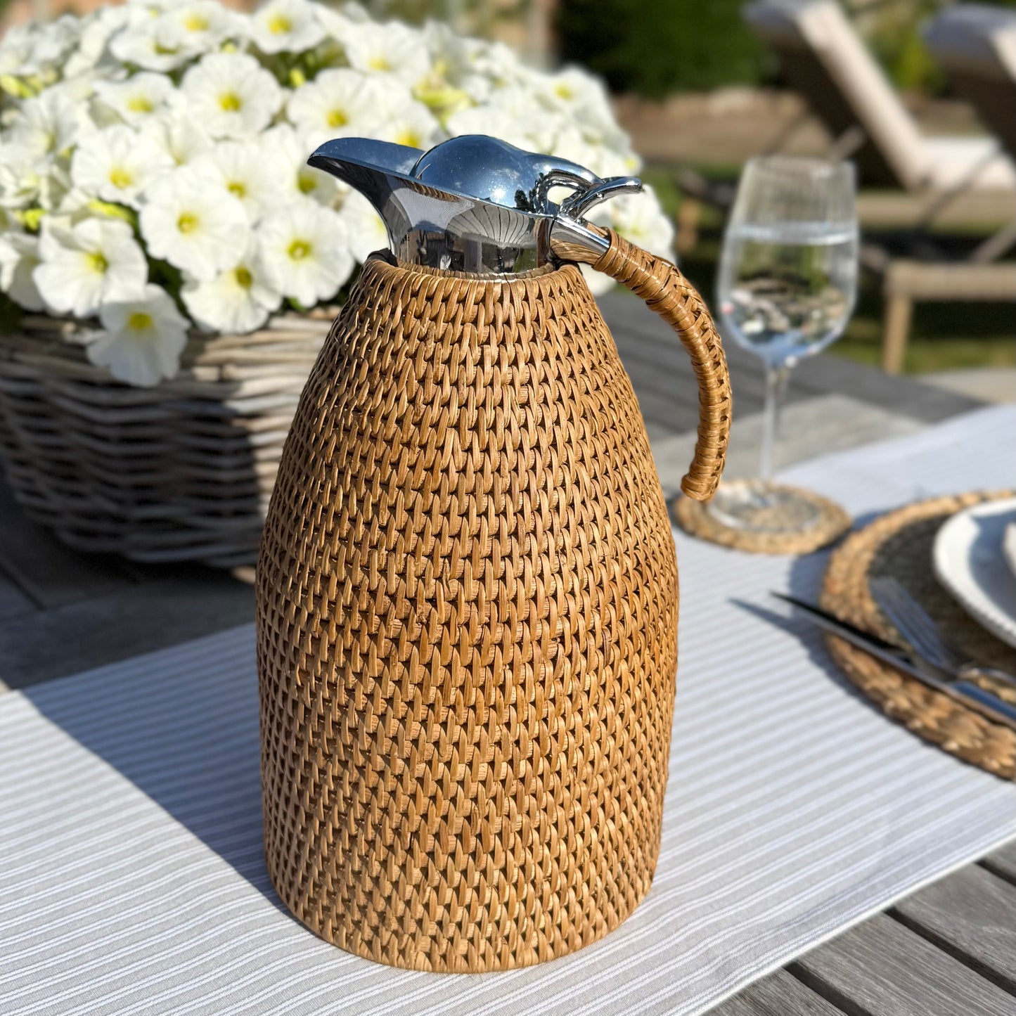 Neutral rattan insulated jug, 2 litre thermos perfect for tea, coffee or chilled drinks.