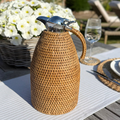 Neutral rattan insulated jug, 2 litre thermos perfect for tea, coffee or chilled drinks.
