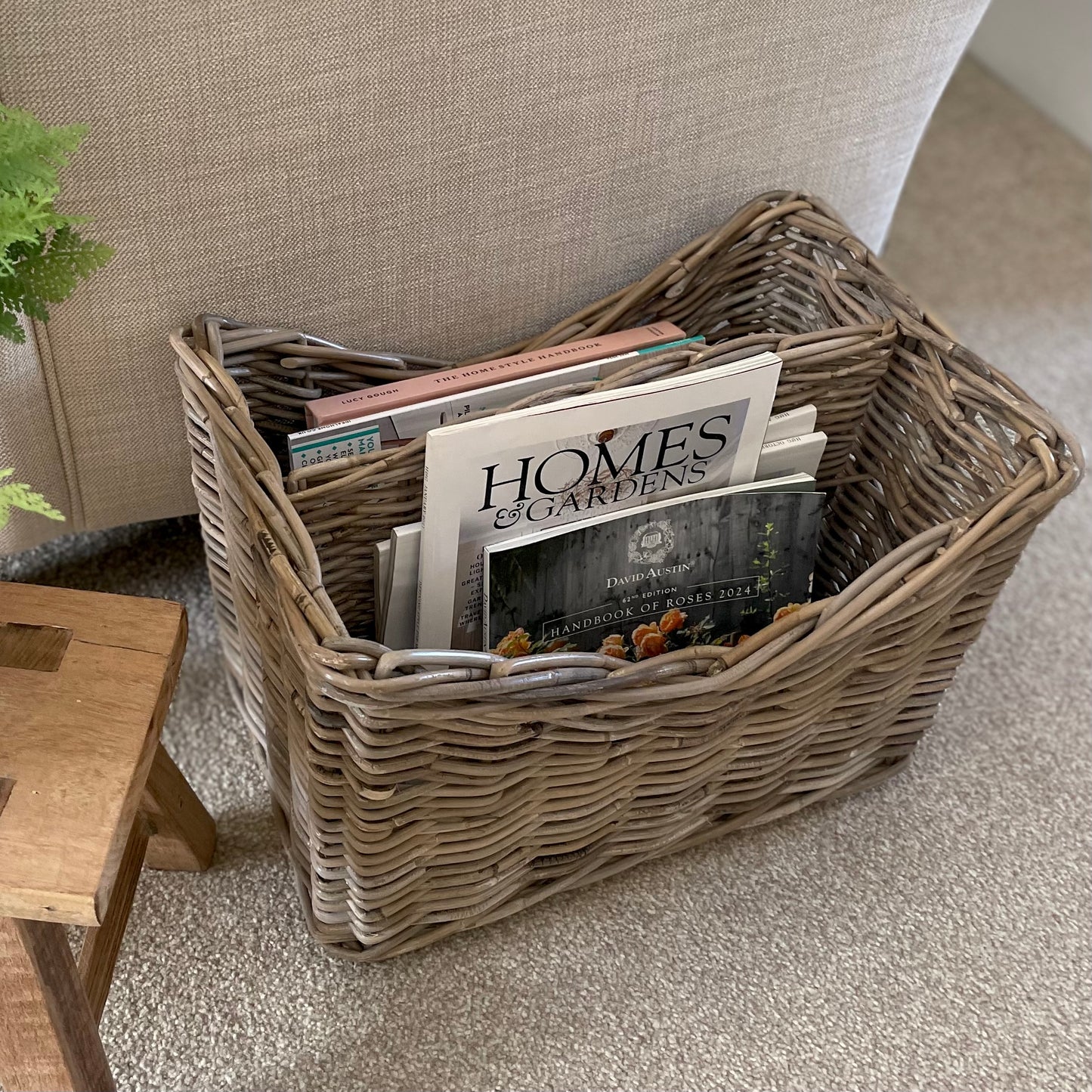 Rattan basket holding magazines and books. Styled on a beige carpet in a living room.