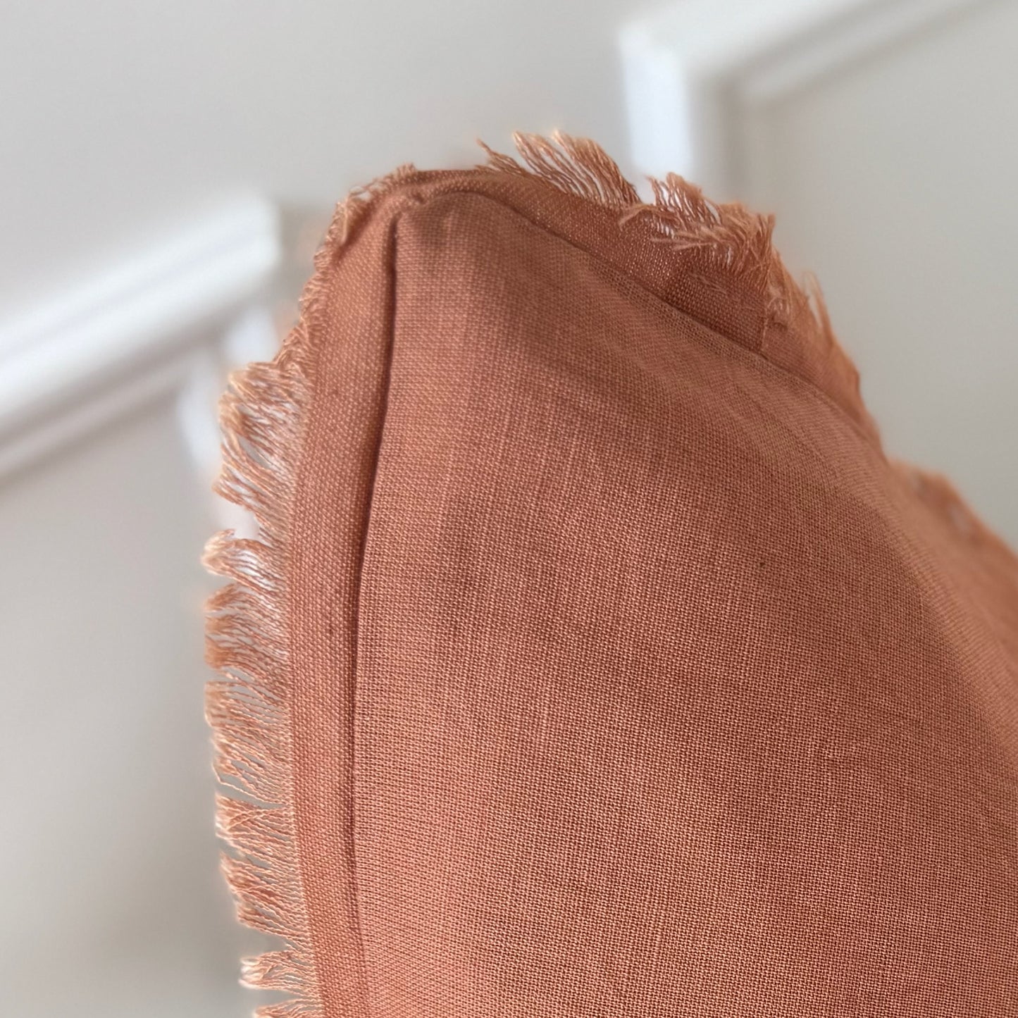 Close-up of a rust coloured cushion with frayed edges on a white background.