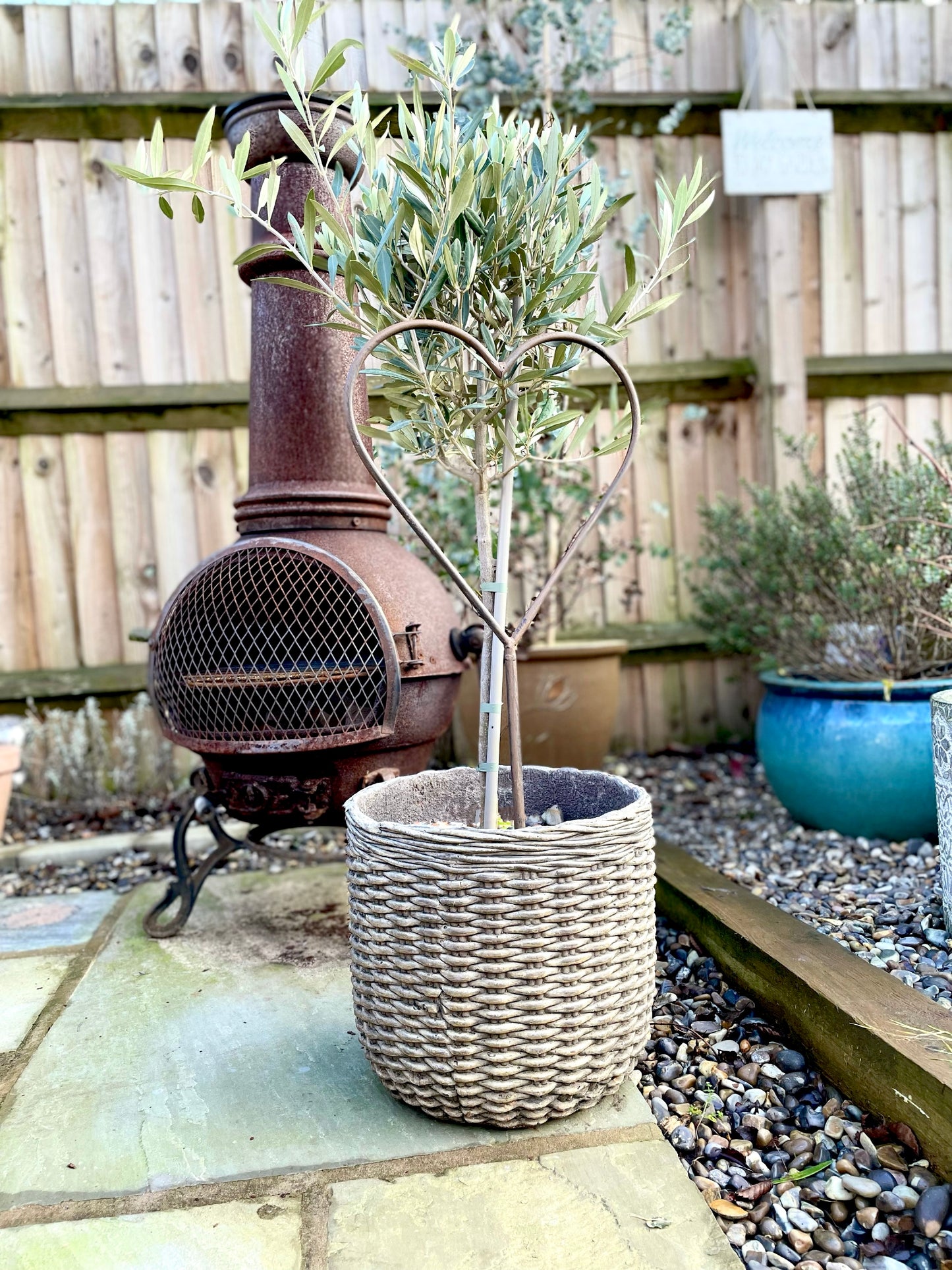 Small rustic metal heart shaped garden stake with weathered finish, standing in a garden border with plants and fairy lights.