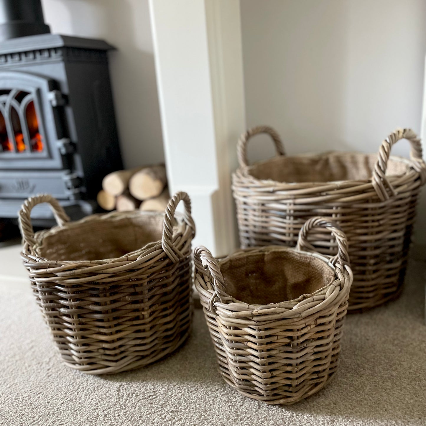 Rustic rattan storage basket in small, medium, or large, adding texture and practicality to a living room.
